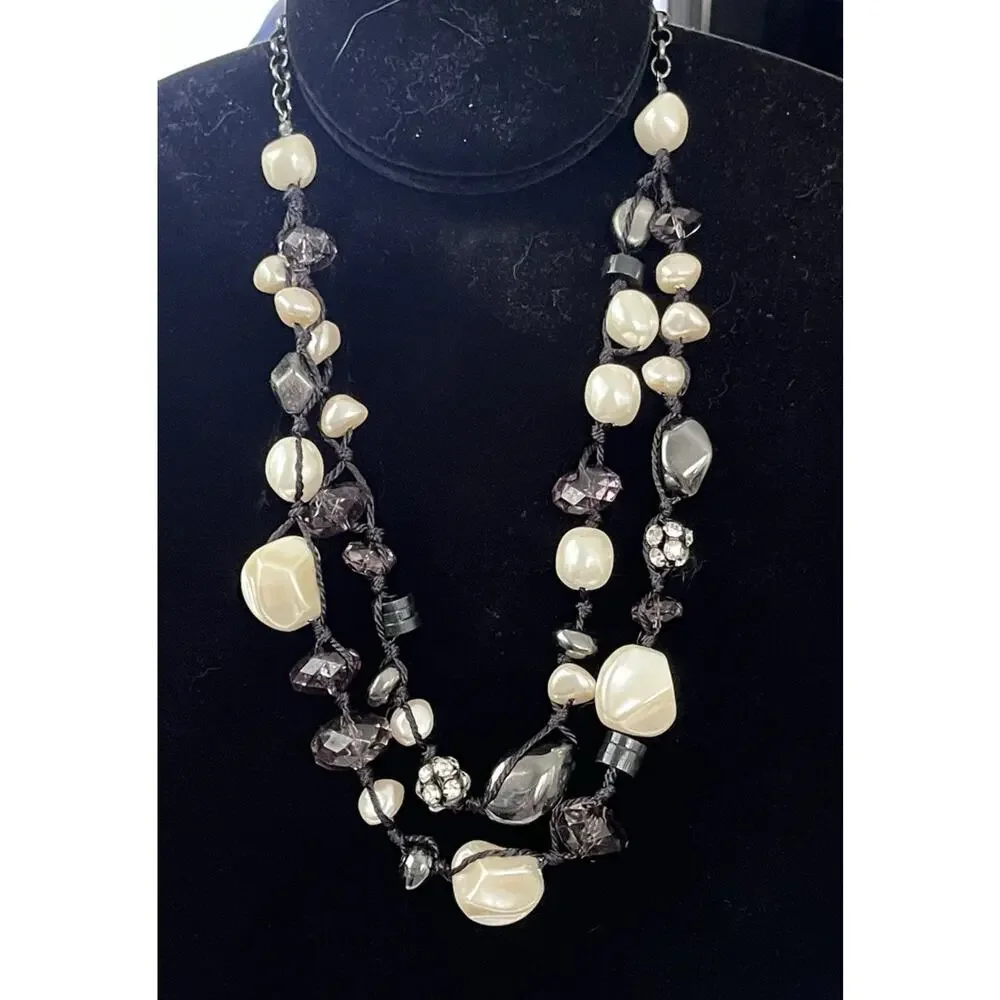 Chico’s Necklace Faux White Gray Pearls Gunmetal Rhinestones Chunky 16